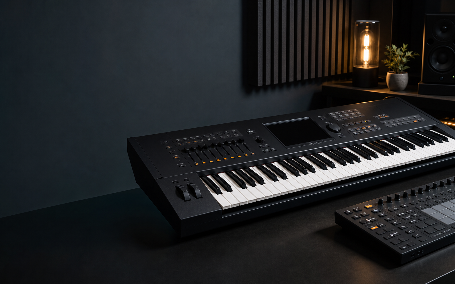 Arranger keyboard and MIDI controller in a dark studio